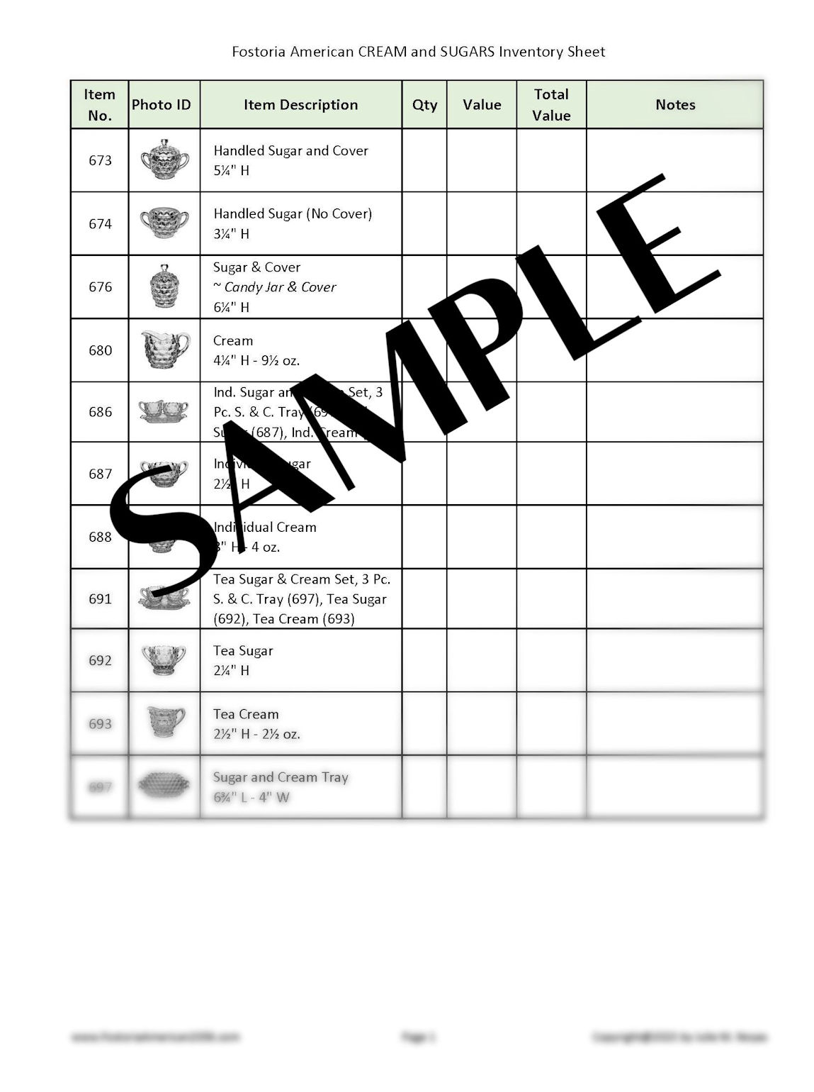 Fostoria American Cream and Sugars Inventory Sheet