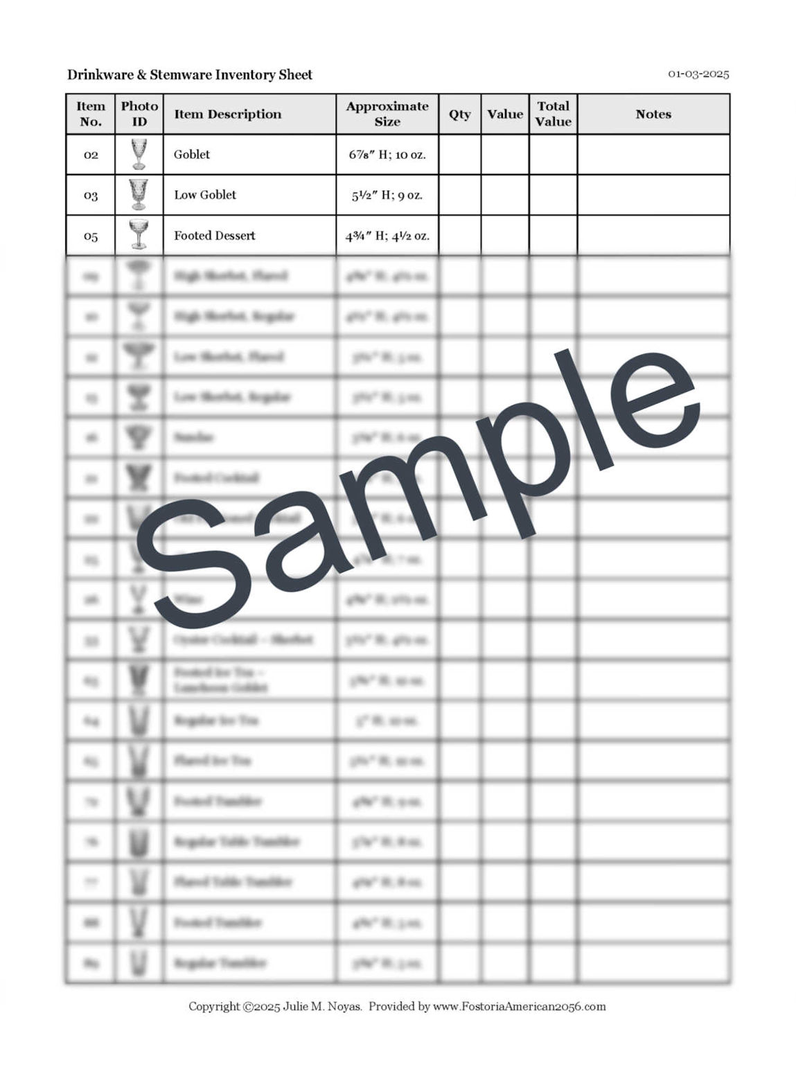 Fostoria American Cream and Sugars Inventory Sheet